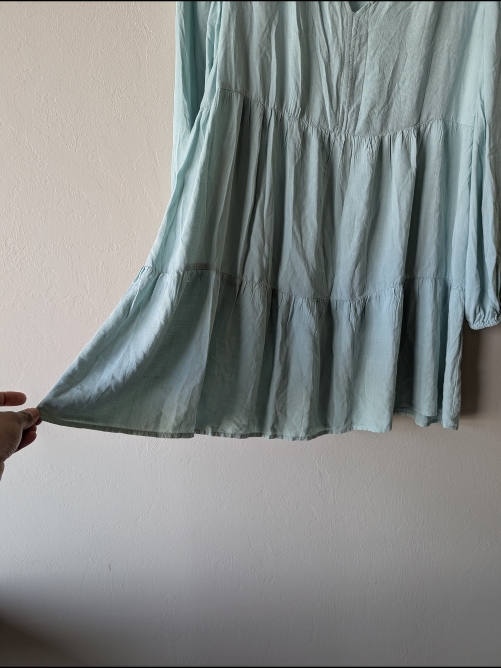 True Craft Muted Green Tiered V-Neck Peasant Midi Dress Tunic Size M Rayon - Picture 4 of 9